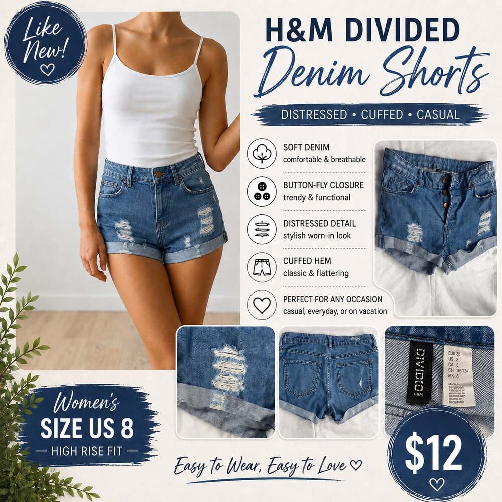 H&M Divided Women’s US 8 High Rise Distressed Denim Shorts Hidden Button Fly Cuf